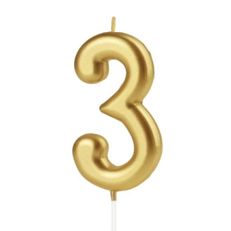 Świeczka urodzinowa, cyfra 3, złota, 7 cm