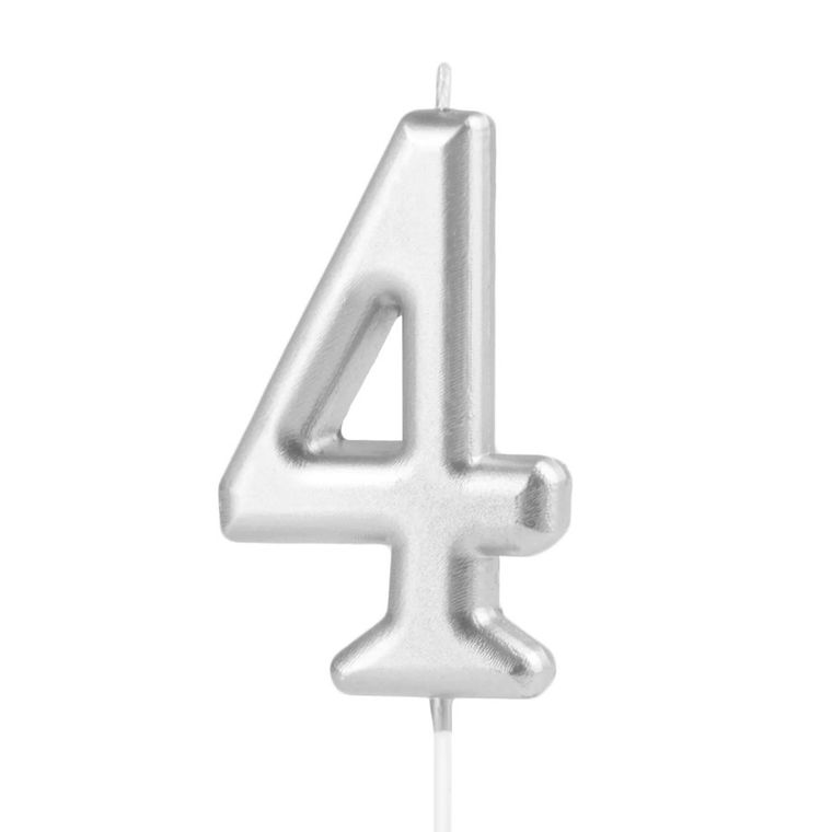 Świeczka urodzinowa, cyfra 4, srebrna, 7 cm