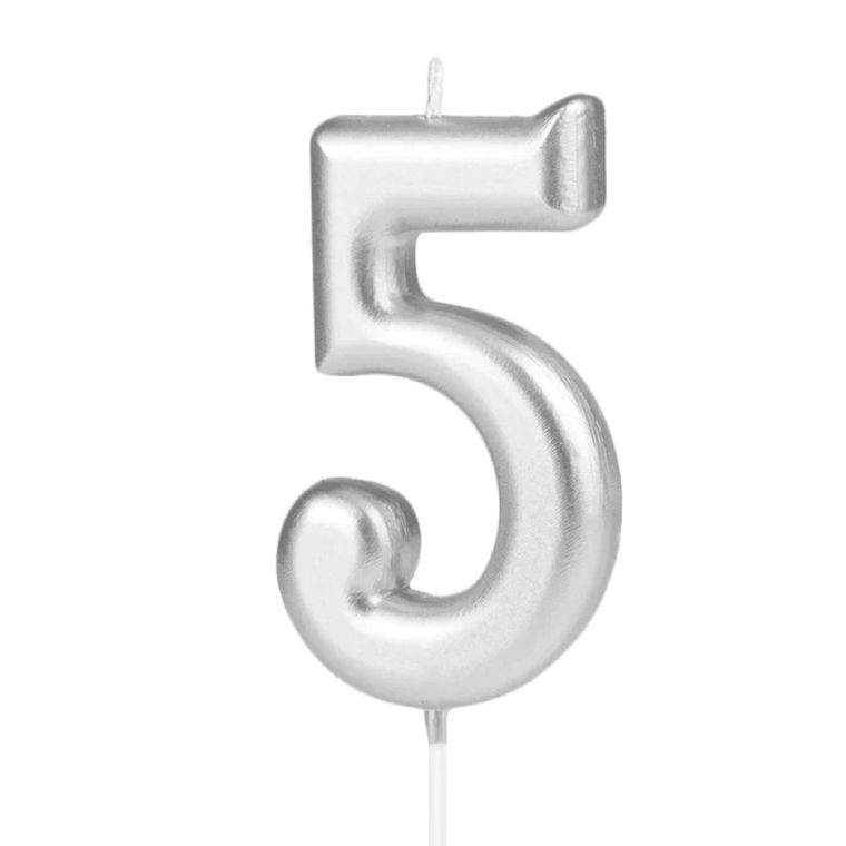 Świeczka urodzinowa, cyfra 5, srebrna, 7 cm