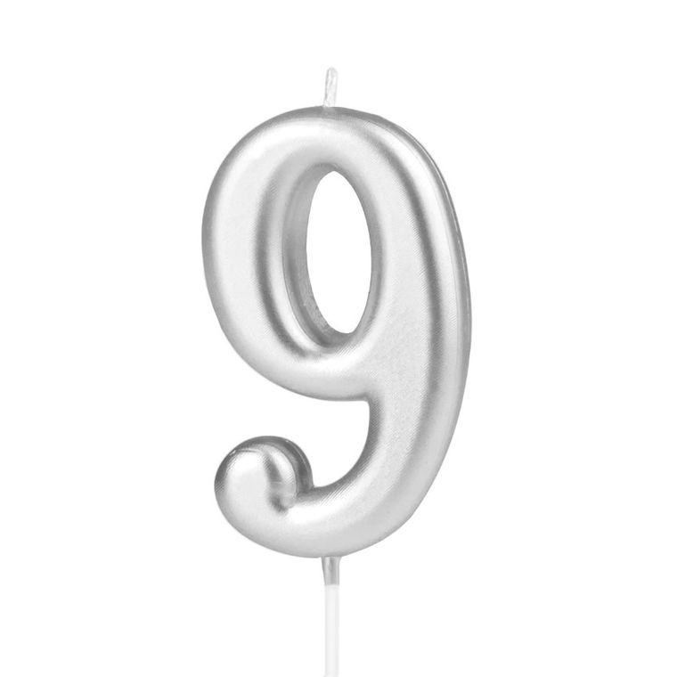 Świeczka urodzinowa, cyfra 9, srebrna, 7 cm