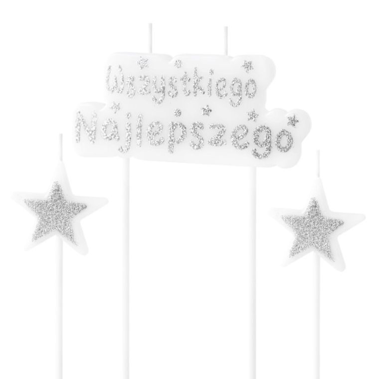 Świeczki urodzinowe, wszystkiego najlepszego, gwiazdki, srebrne
