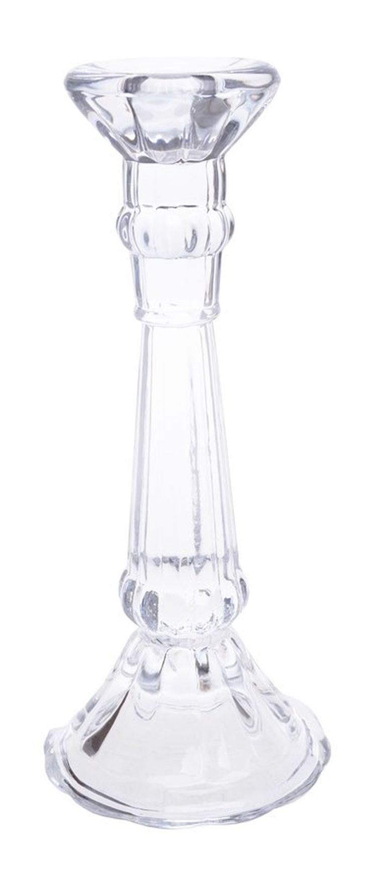 Świecznik, szklany, smukły, mały, 9,5-9,5-23 cm