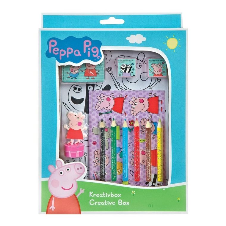 Świnka Peppa, zestaw kreatywny, kolorowanki, naklejki i stempel, figurka 2D, 21 elementów