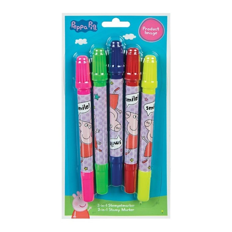 Świnka Peppa, zestaw markerów ze stempelkami 2w1, 5 elementów