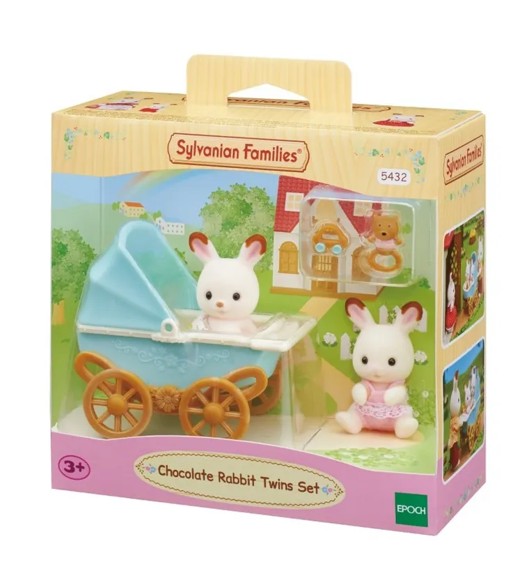 Sylvanian Families, bliźniaki królików z czekoladowymi uszkami, wózek, akcesoria, zestaw, 5432