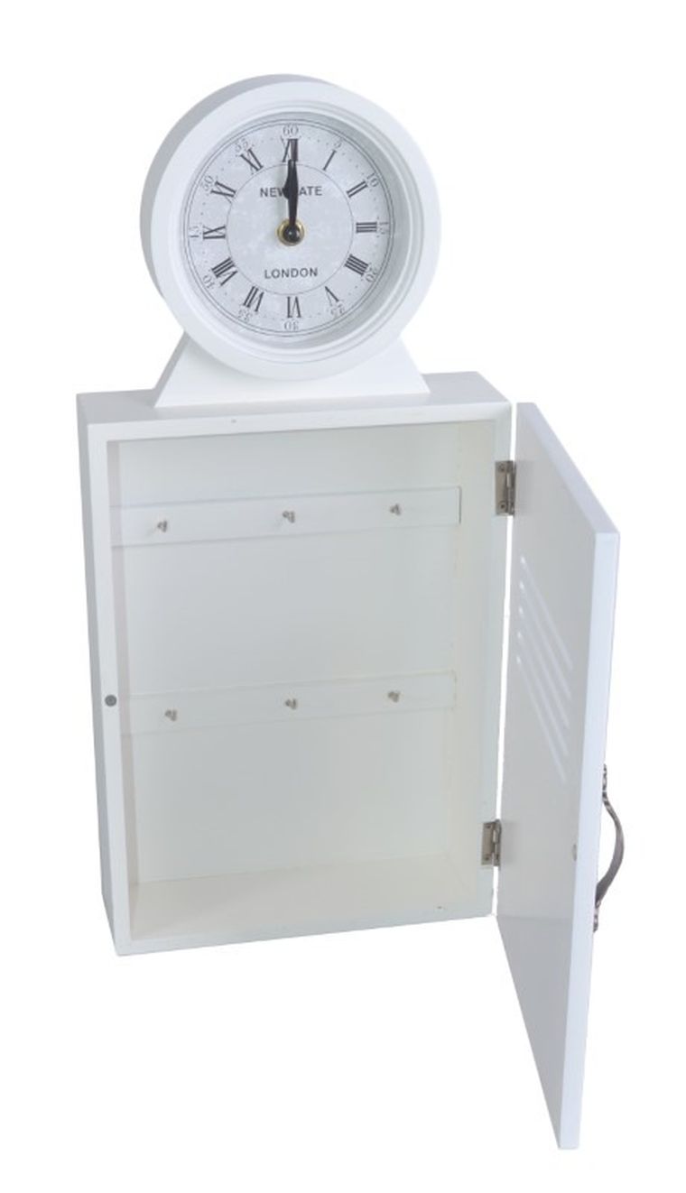Szafka na klucze, drewniana z zegarem, biała