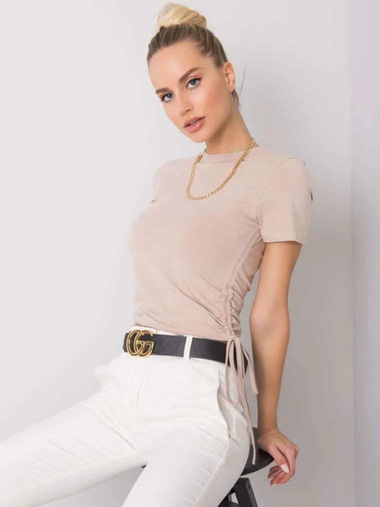 T-shirt damski, beżowy, Basic Feel Good