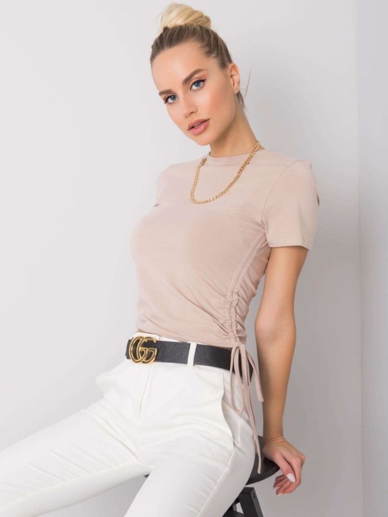T-shirt damski, beżowy, Basic Feel Good