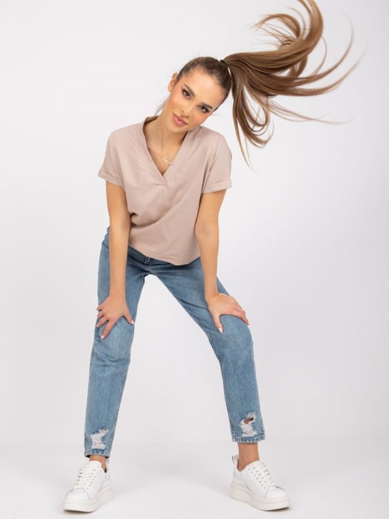 T-shirt damski, beżowy, Basic Feel Good