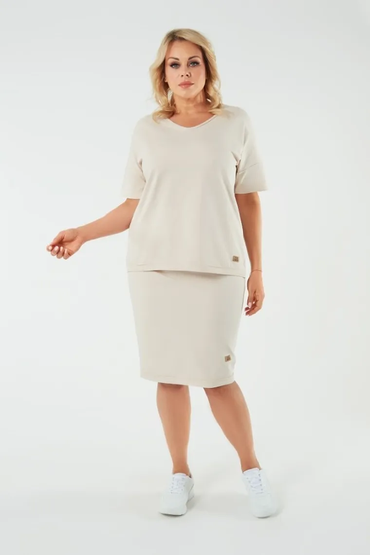 T-shirt damski, plus size, beżowy, Madri, Italian Fashion