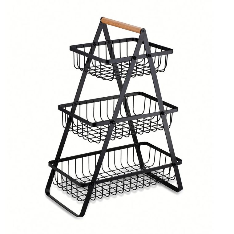 Tadar, koszyk uniwersalny, 3-poziomowy z drewnianą rączką, czarny, 33,5-19-46,5 cm