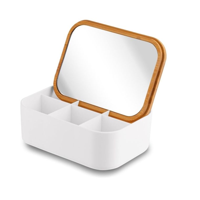 Tadar, pojemnik z lusterkiem, bambusowa pokrywka, biały, 15,5-11,3-5,8 cm