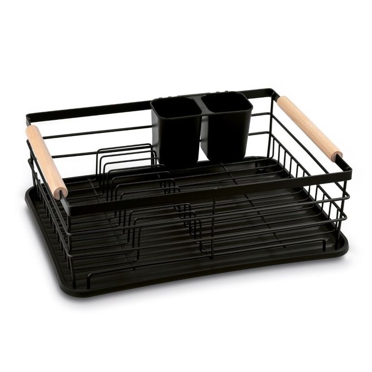 Tadar, suszarka do naczyń z ociekaczem i tacą, czarna, drewniane uchwyty, 43-32-15 cm