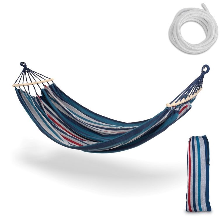 Tadar, zestaw: hamak, paski niebieskie, 200-150 cm + 2 liny 300 cm + torba