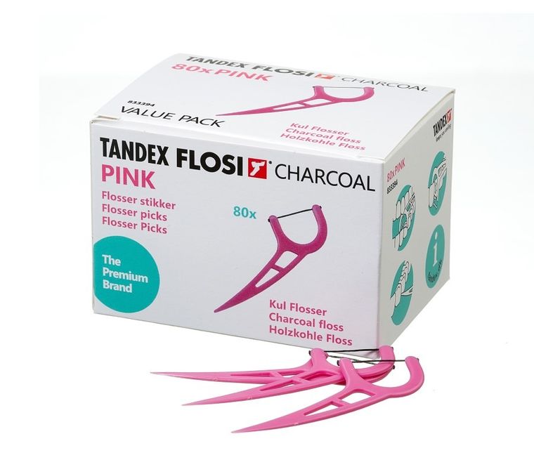 Tandex, Flosi Flosser, nicio-wykałaczki z nitką węglową, różowe, 80 szt.