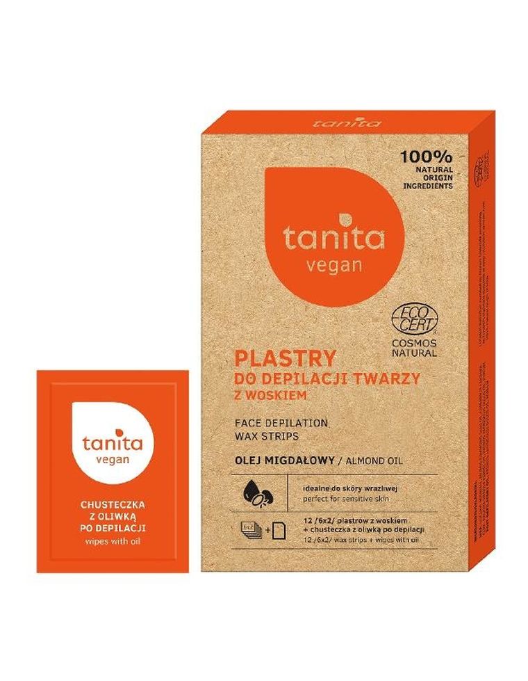 Tanita Vegan, plastry do depilacji twarzy z woskiem i olejem migdałowym, 12 szt.