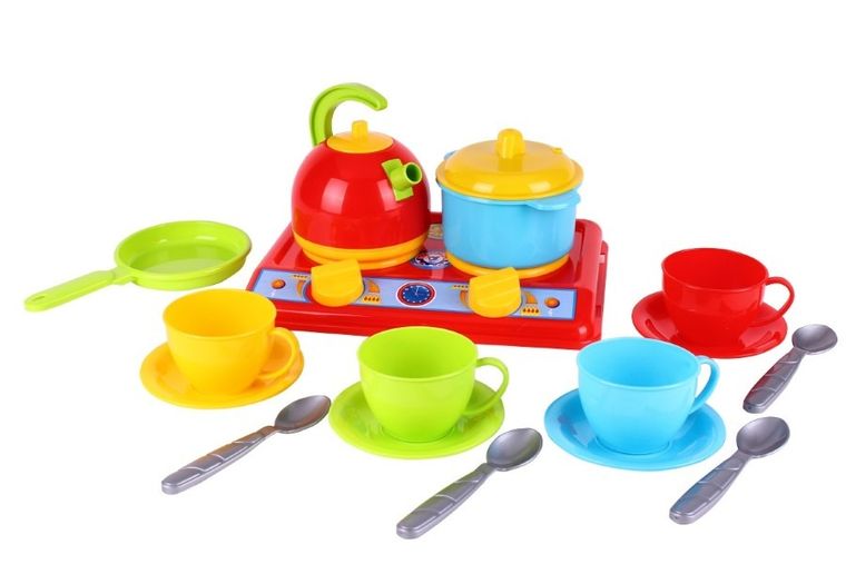 TechnoK, kuchenka gazowa z naczyniami i garnkami