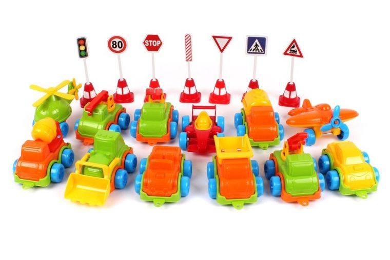 TechnoK, straż pożarna, helikopter, ciężarówka, betoniarka, dźwig, pojazdy mini, 12 szt.