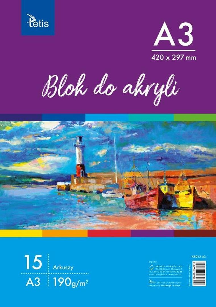 Tetis, blok do farb akrylowych A3, 190 g/m2, 15 arkuszy