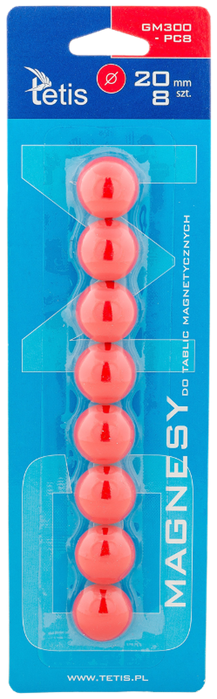 Tetis, magnesy do tablic, czerwone, 20 mm, 8 szt.