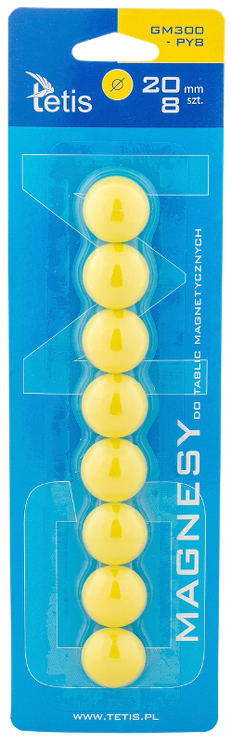 Tetis, magnesy do tablic, żółte, 20 mm, 8 szt.
