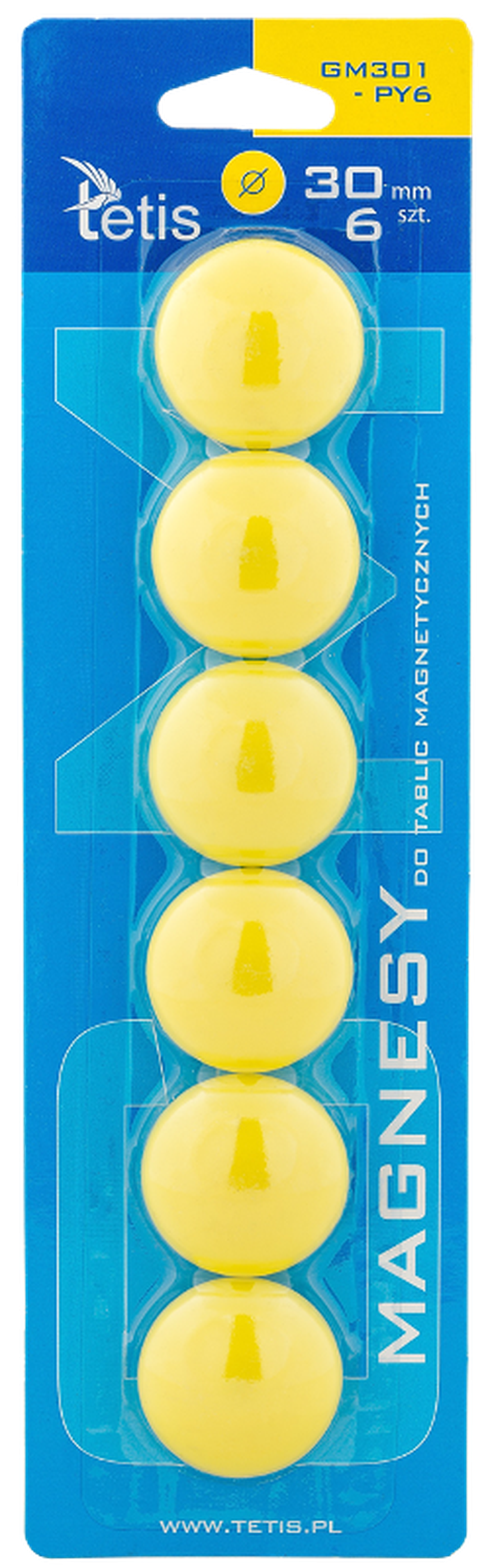 Tetis, magnesy do tablic, żółte, 30 mm, 6 szt.