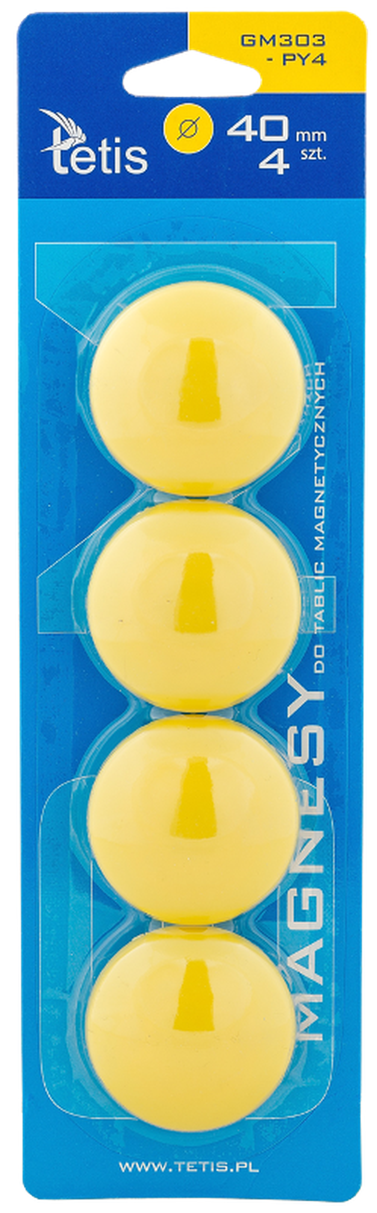 Tetis, magnesy do tablic, żółte, 40 mm, 4 szt.