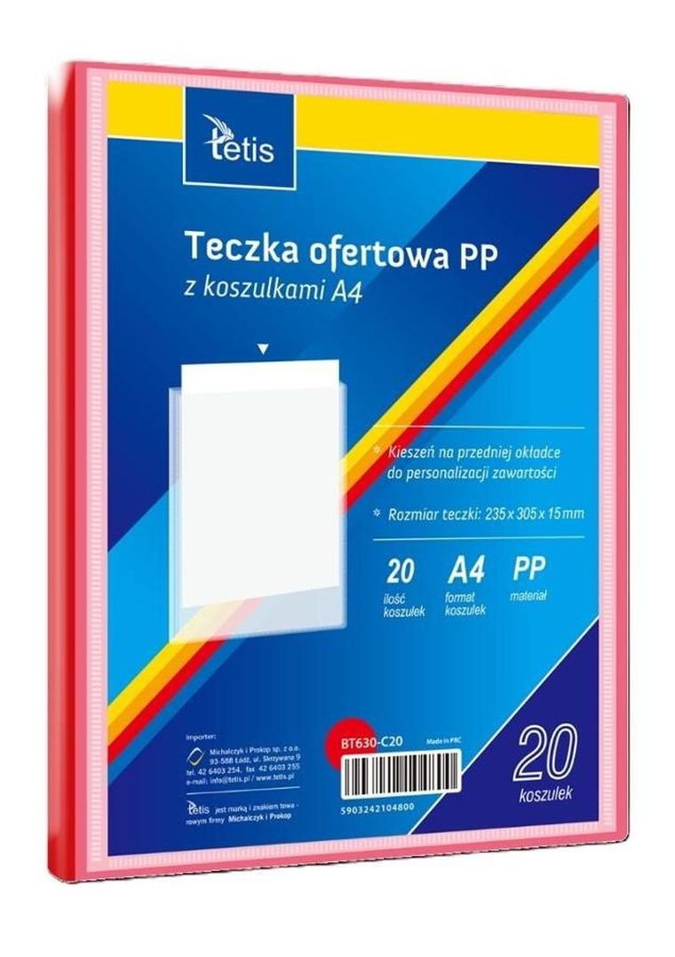Tetis, teczka ofertowa PP, 20 koszulek, A4, czerwona, 1 szt.