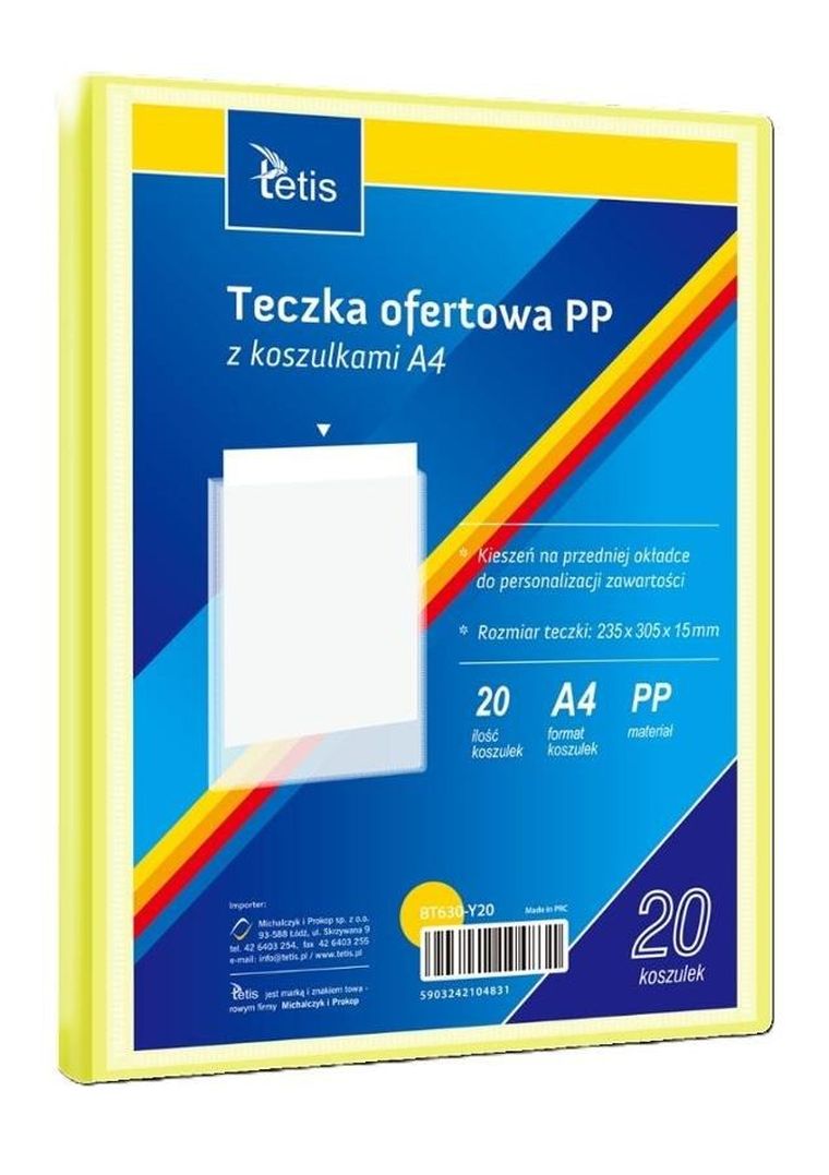 Tetis, teczka ofertowa PP, 20 koszulek, A4, żółta, 1 szt.