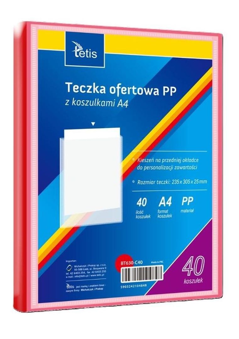 Tetis, teczka ofertowa PP, 40 koszulek, A4, czerwona, 1 szt.