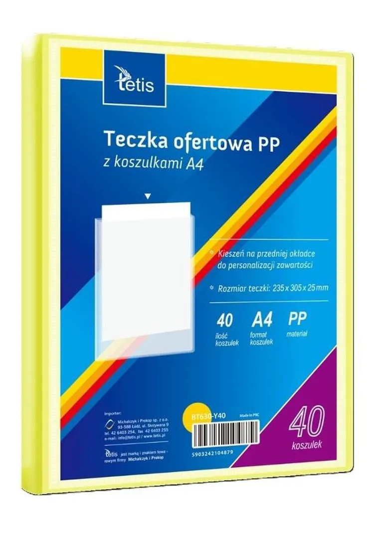 Tetis, teczka ofertowa PP, 40 koszulek, A4, żółta, 1 szt.