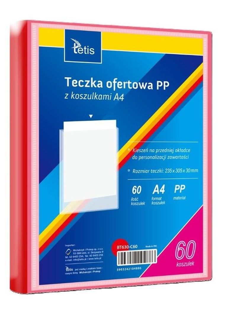 Tetis, teczka ofertowa PP, 60 koszulek, A4, czerwona, 1 szt.