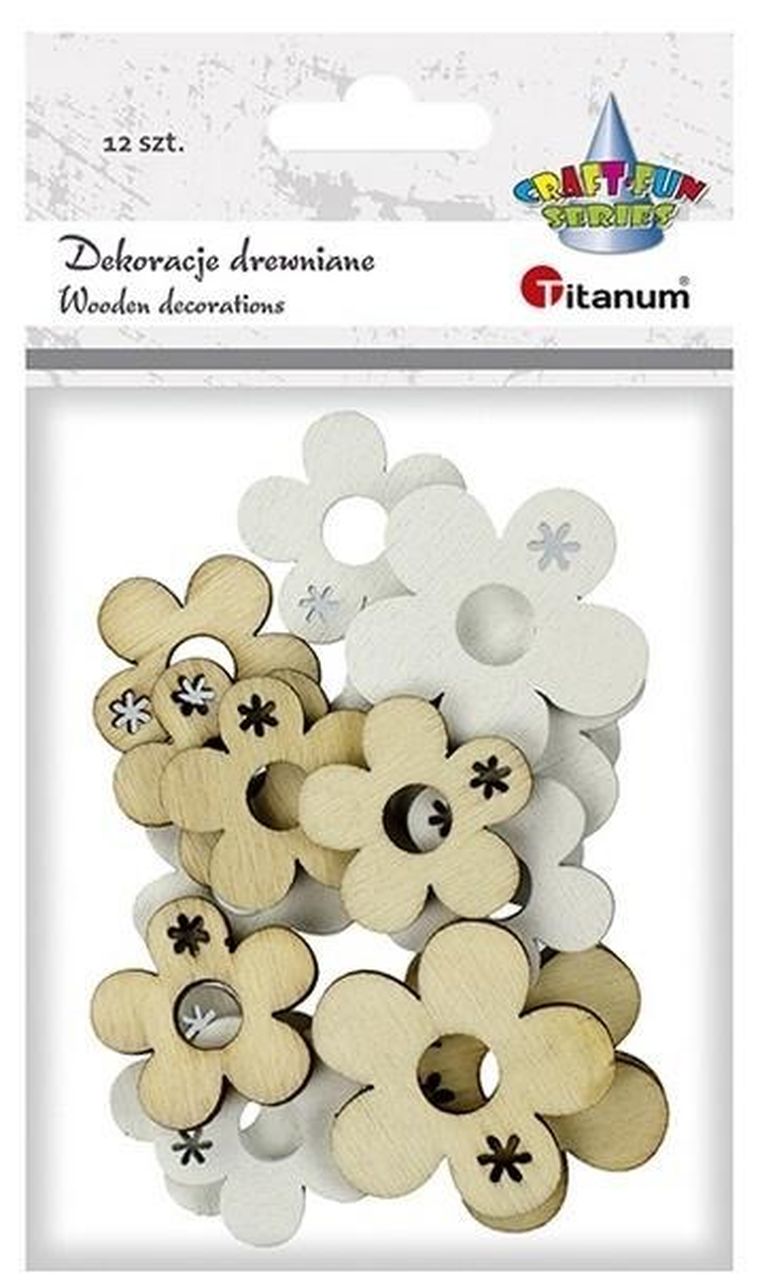 Titanum, drewniane kwiatki, naturalny biały, 23 i 30 mm, 12 szt.