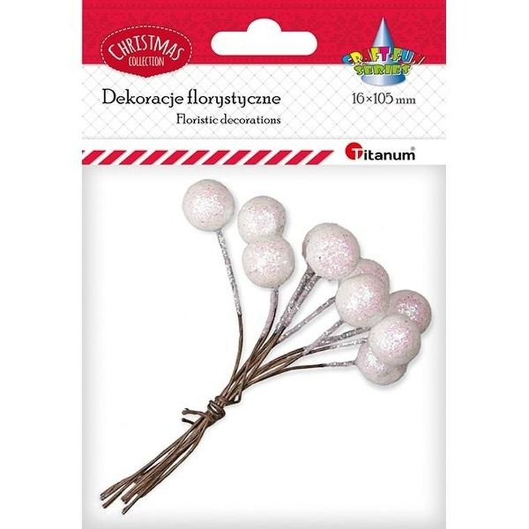 Titanum, drucik z kulką, 15mm, biała brokatowa 10 szt.