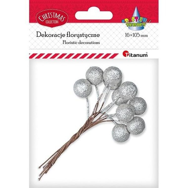 Titanum, drucik z kulką, 15mm, srebrną brokatową, 10 szt.