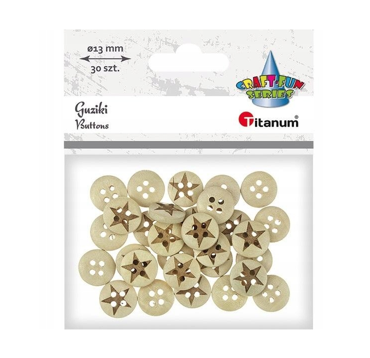 Titanum, guziki drewniane, gwiazdy, 13 mm, 30 szt.