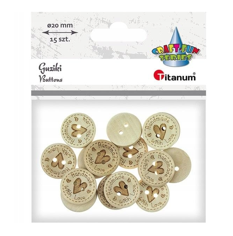 Titanum, guziki drewniane, handmade with love, 20 mm, 15 szt.