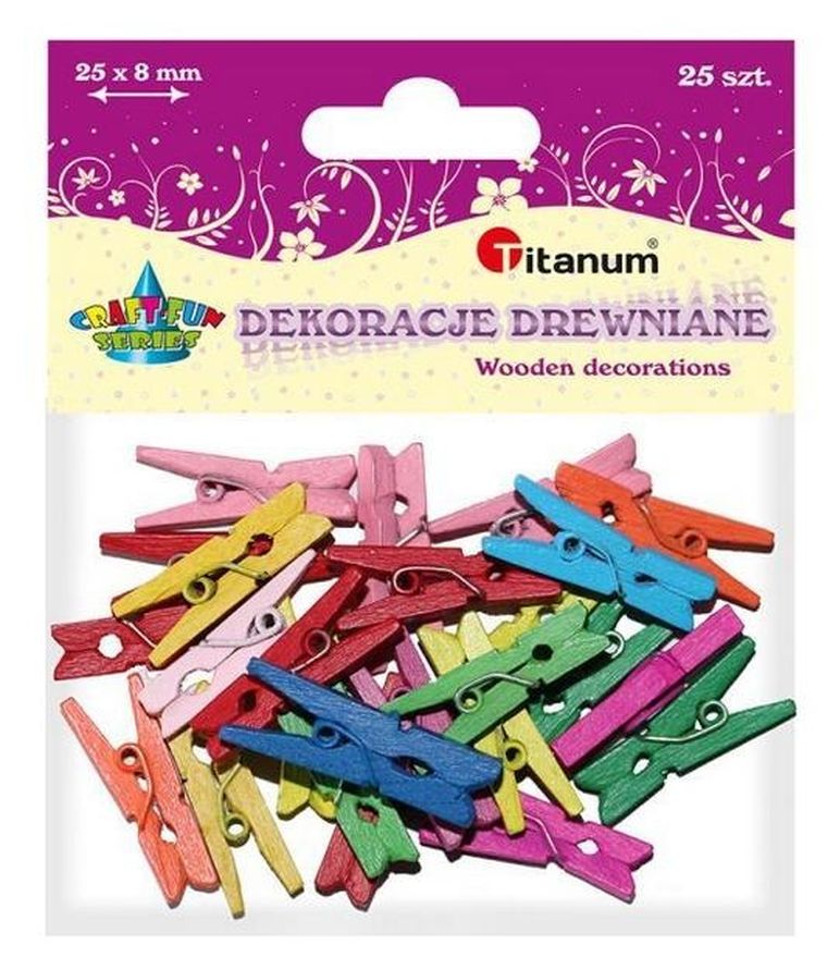 Titanum, klamerki drewniane, 8 kolorów, 3-25 mm, 25 szt.