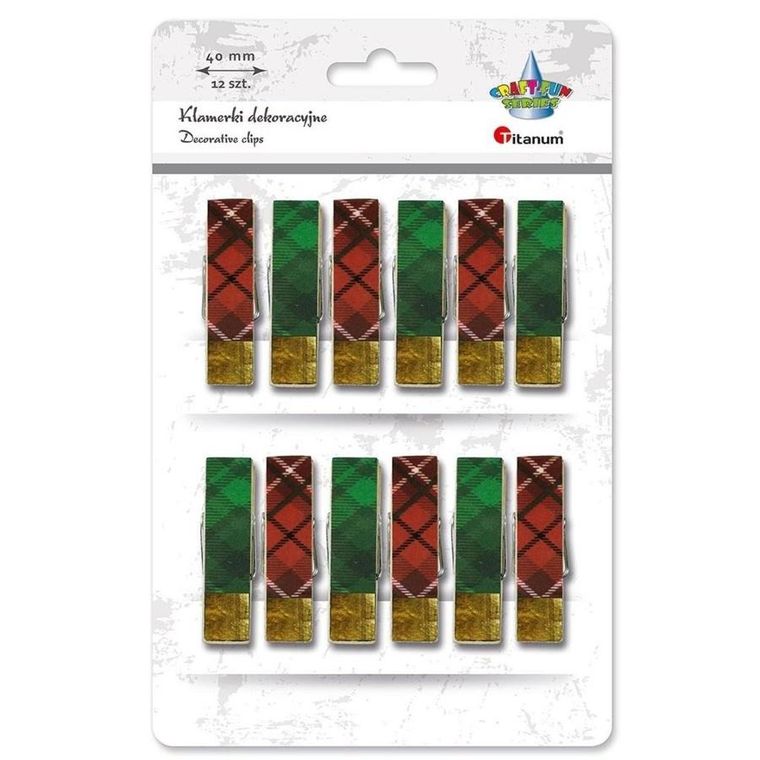 Titanum, klamerki drewniane z naklejką w kratę, mix, 12 szt.