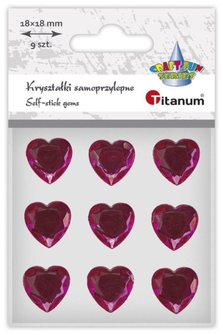 Titanum, kryształki samoprzylepne, serca, fuksjowe, 9 szt.