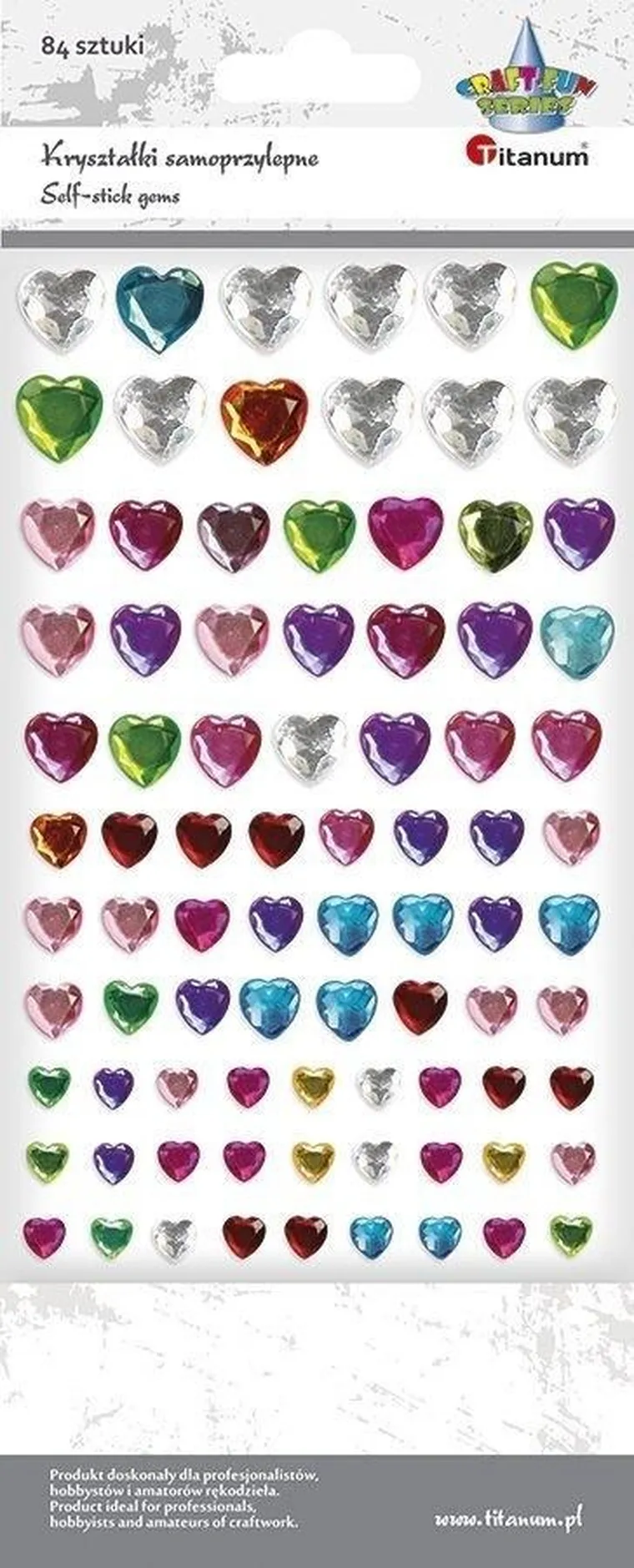 Titanum, kryształki samoprzylepne, serca, mix, 84 szt.