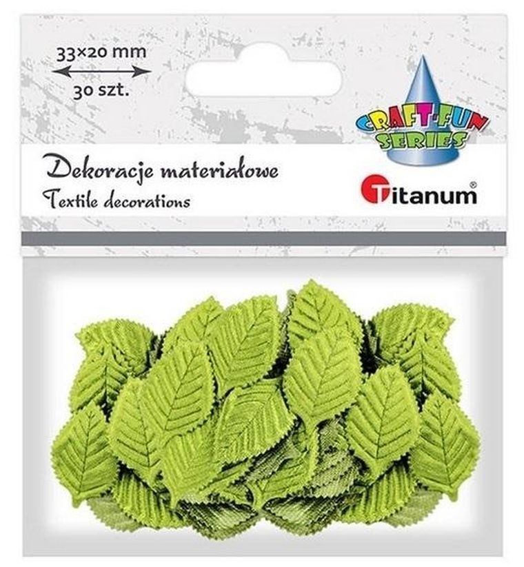 Titanum, liście, ozdoba materiałowa, jasnozielona, 20-33 mm, 30 szt.