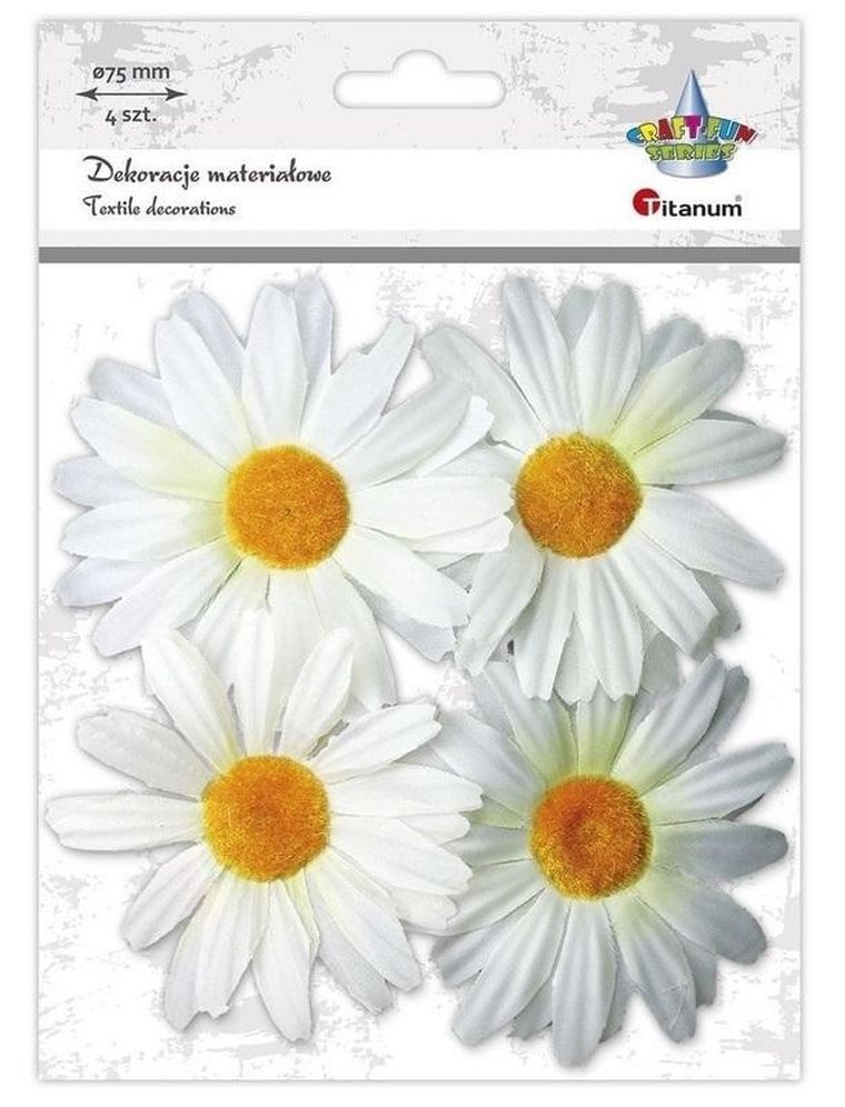 Titanum, materiałowe margerytki 3D, 75 mm, białe, 4 szt.