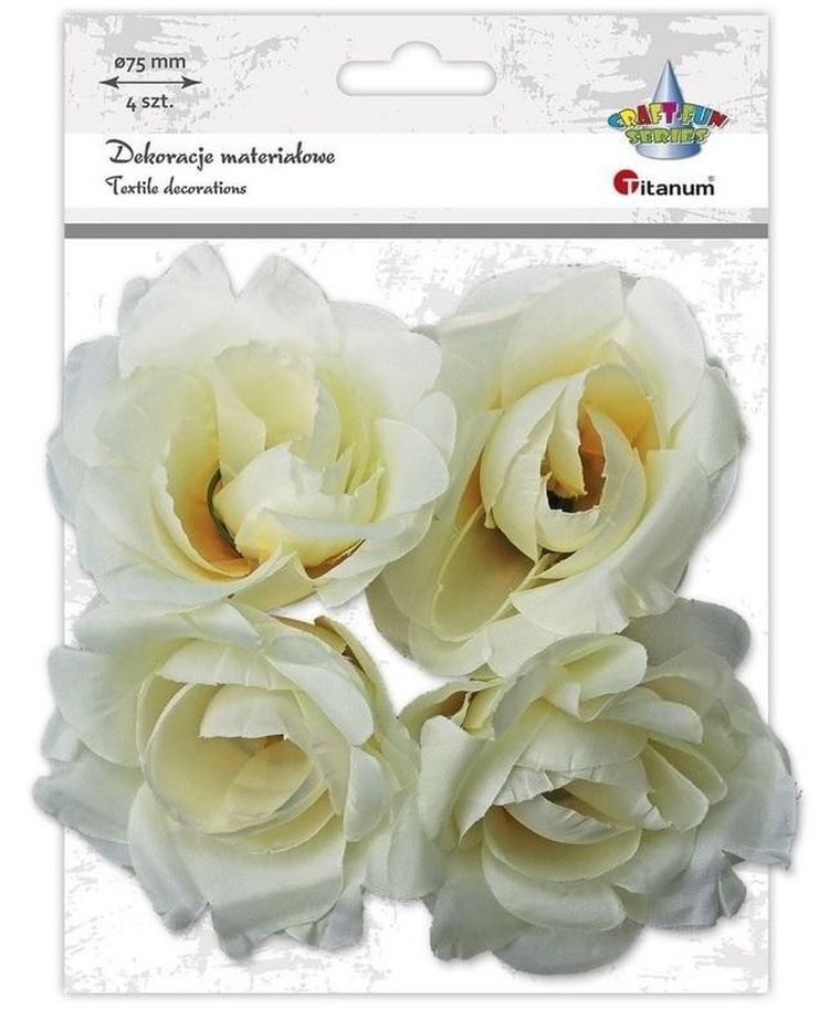 Titanum, materiałowe róże 3D, 75 mm, białe na druciku, 4 szt.