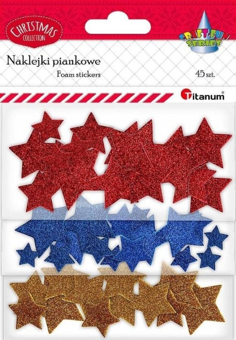 Titanum, naklejki piankowe, brokatowe, gwiazdki, 45 szt.