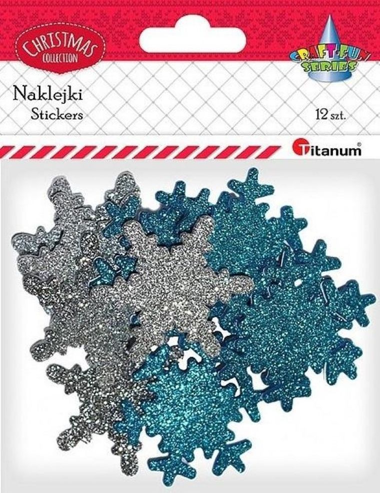 Titanum, naklejki piankowe, brokatowe, śnieżynki, 12 szt.