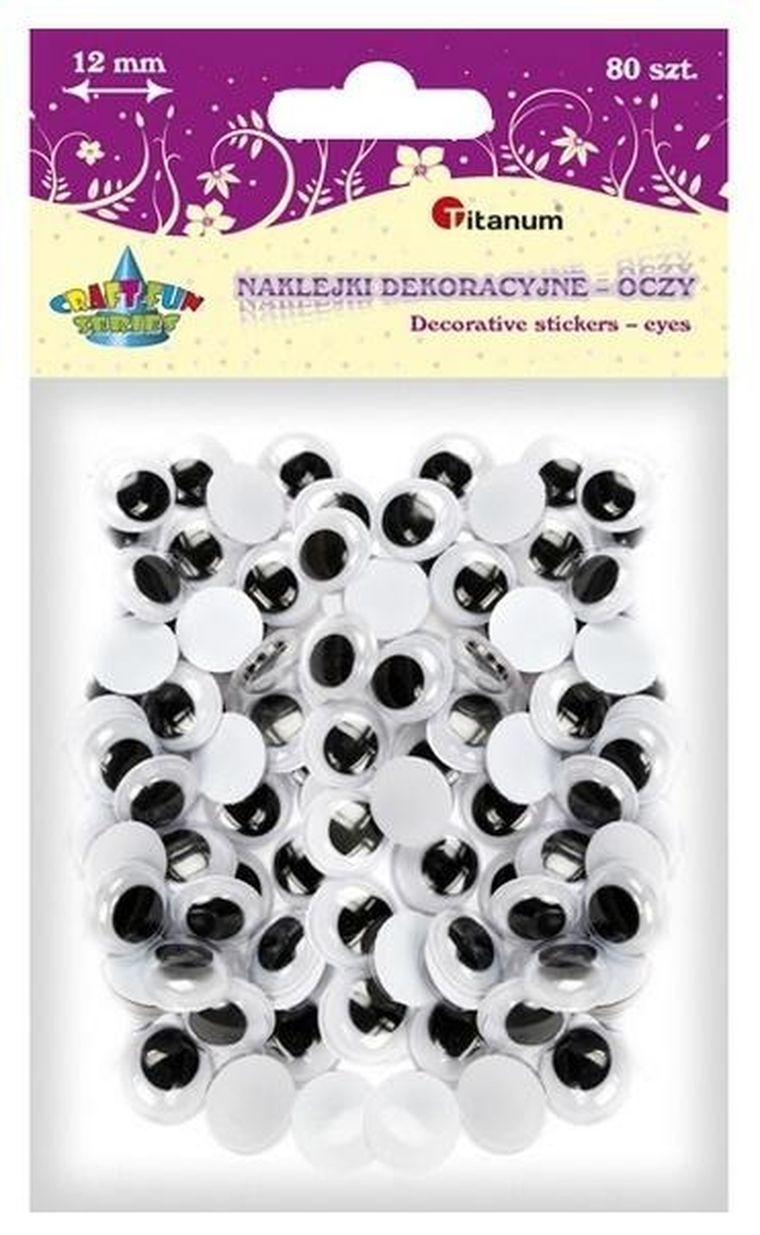 Titanum, oczy samoprzylepne bez rzęs, 12mm okrągłe, 80 szt.