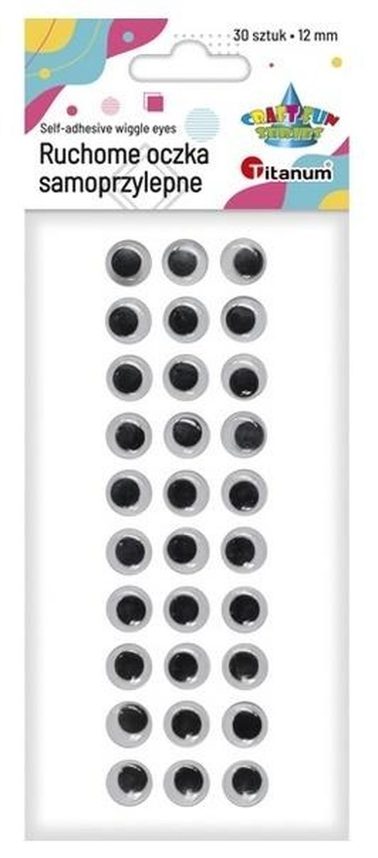 Titanum, oczy samoprzylepne bez rzęs, okrągłe, 12 mm, 30 szt.