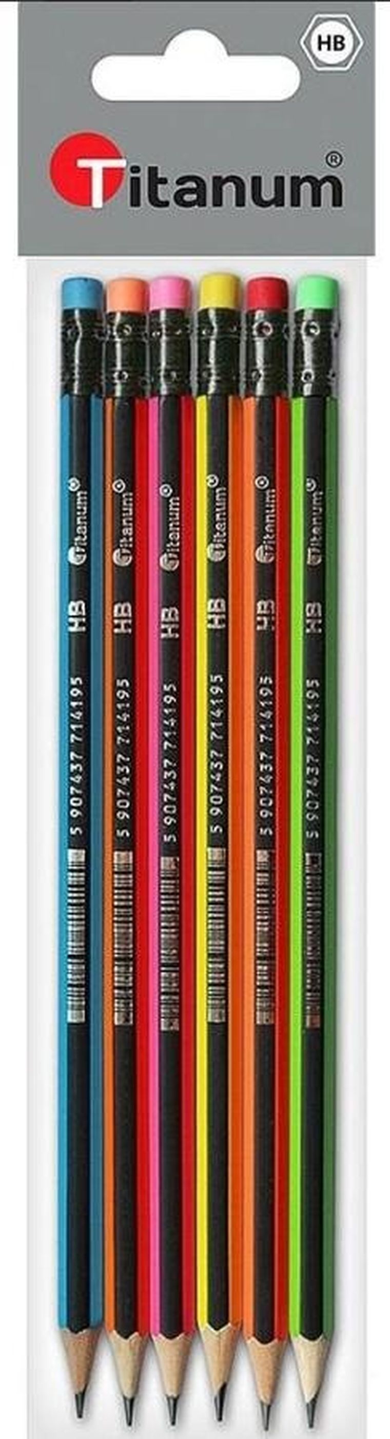 Titanum, ołówek z gumką, HB Neon paski, 6 szt.