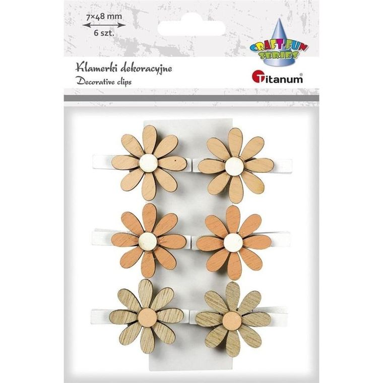Titanum, ozdoba drewniana, klamerki, kwiatki, 6 szt.